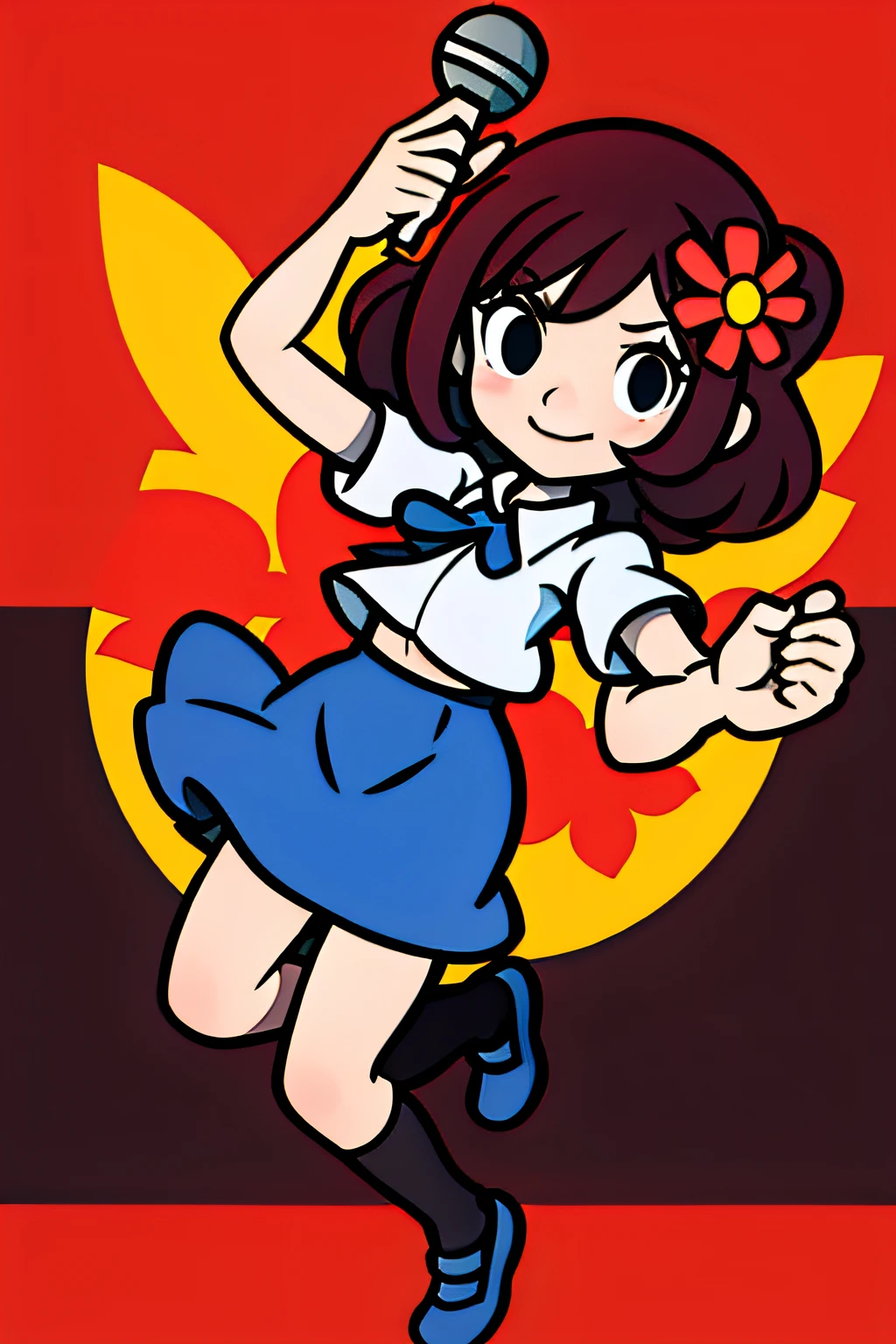 1girl in, White shirt, Blue skirt, Black socks, Black shoes, Red hair, Long hair, holding microphone, Dancing, Hair Flower, Short sleeves,(<lola:Rhythm Heaven V1.1:0.7)