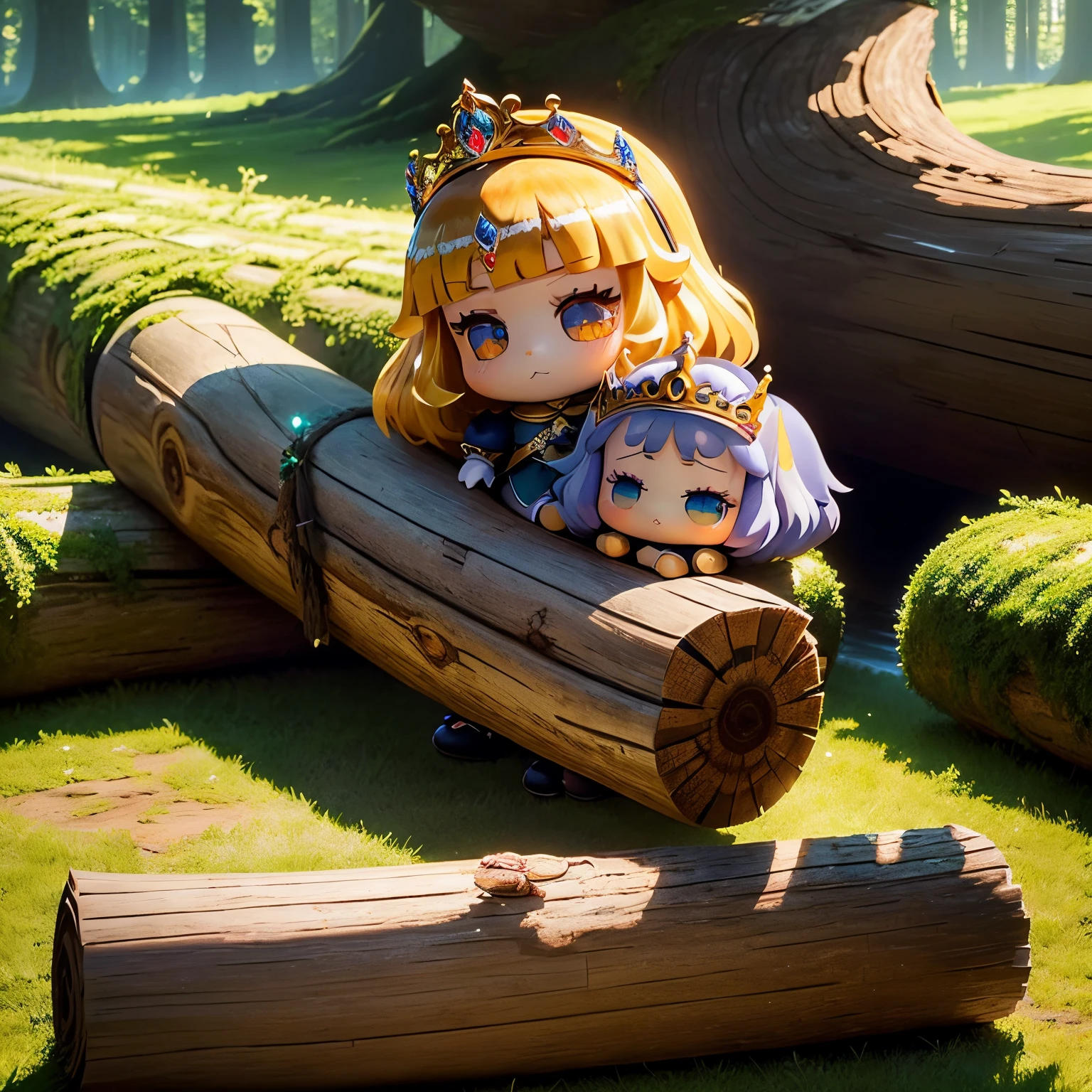 masterpiece、top-quality、ultra-detailliert、(Chibi Chara Princess:1.2)、Glitter eyes、(giant log:1.5)、floral cut and sew、Luxurious tiara、(embrace a huge long log:1.5)、In front of the fairy tale castle、One princess