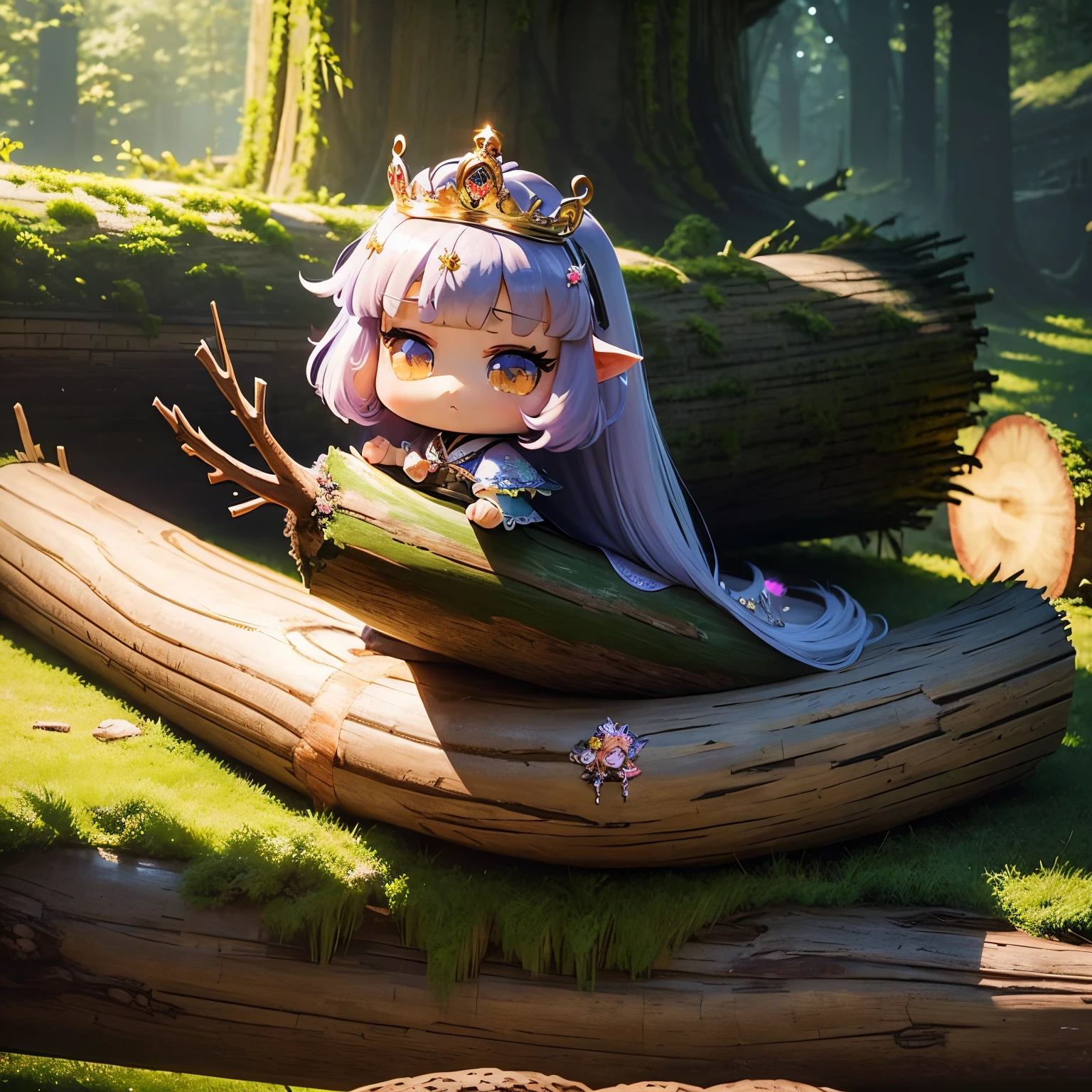 ​masterpiece、top-quality、ultra-detailliert、(Chibi Chara Princess:1.2)、Glitter eyes、(giant log:1.5)、floral cut and sew、Luxurious tiara、(embrace a huge long log:1.5)、In front of the fairy tale castle、One princess