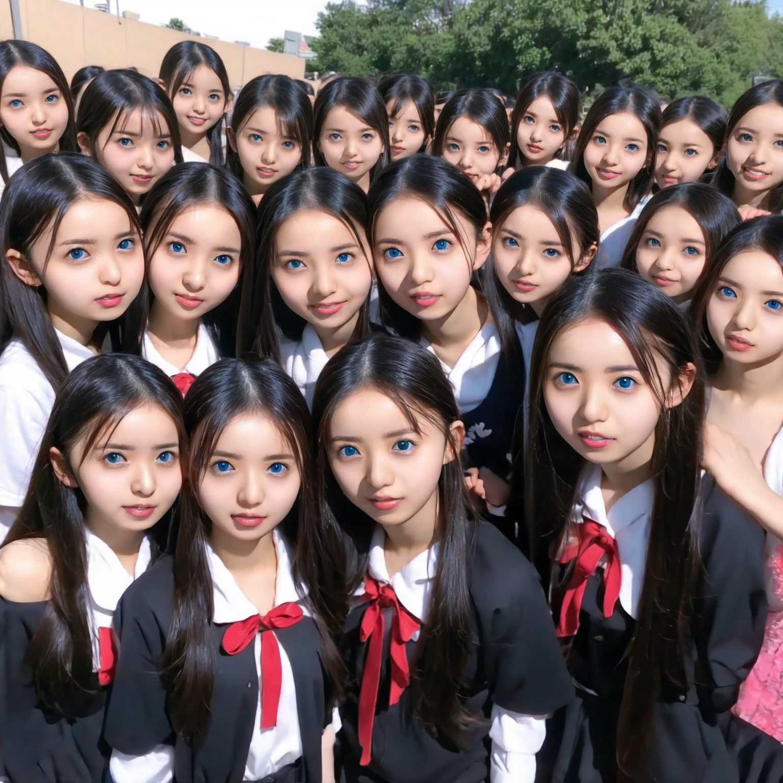 Raw photo、(((multiple girls))),((((6+girls)))),((((100girls)))),(((1000girls)))、((((100 Girls))))、(((crowd shot)))、Women only、The same face、matching school uniform、、Long black hair、100 cute girls going to school、a smile、Commuting to school、School route、In the street、selfee、same person、(((Large group)))、a junior high  student