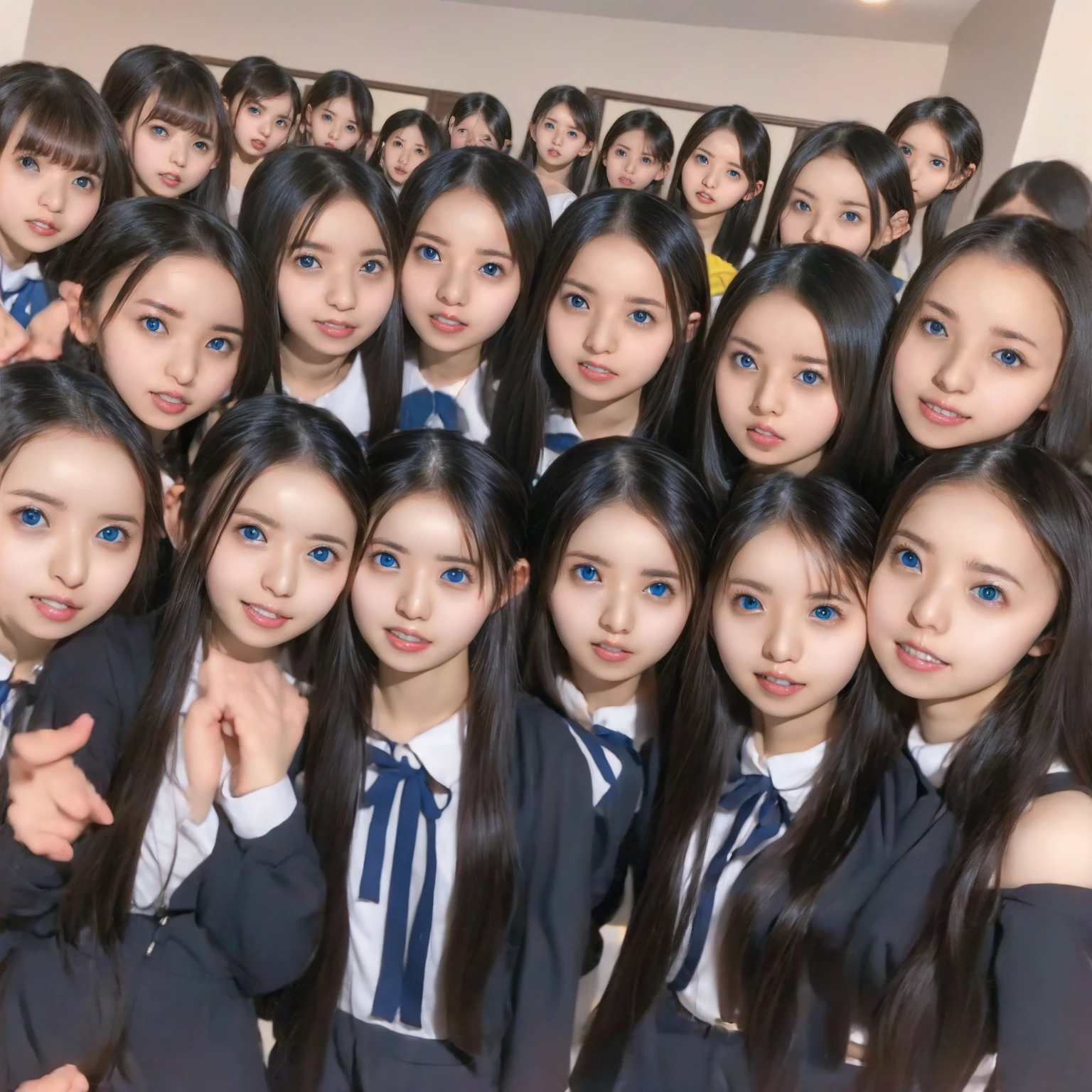 Raw photo、(((multiple girls))),((((6+girls)))),((((100girls)))),(((1000girls)))、((((100 Girls))))、(((crowd shot)))、Women only、The same face、matching school uniform、12 years old、Long black hair、100 cute girls going to school、a smile、Commuting to school、School route、In the street、selfee、same person、(((Large group)))、a junior high school student