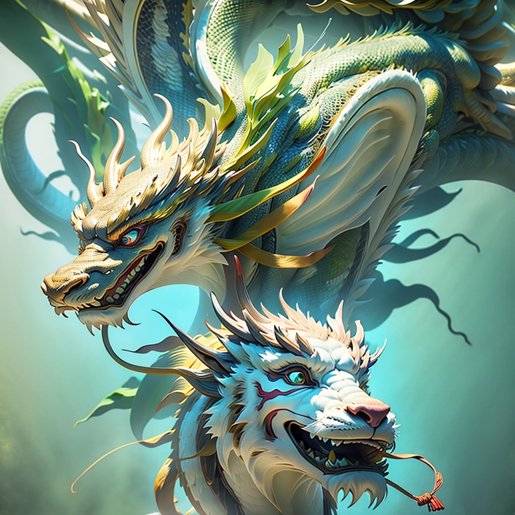 An imposing single Chinese dragon，Gold mixed with green