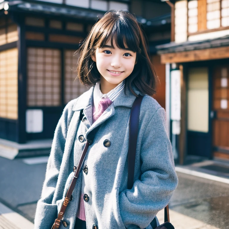 An ultra-high picture quality、Perfect Photo、-yeld beiful girl in Japan、wear a navy blue duffel coat、