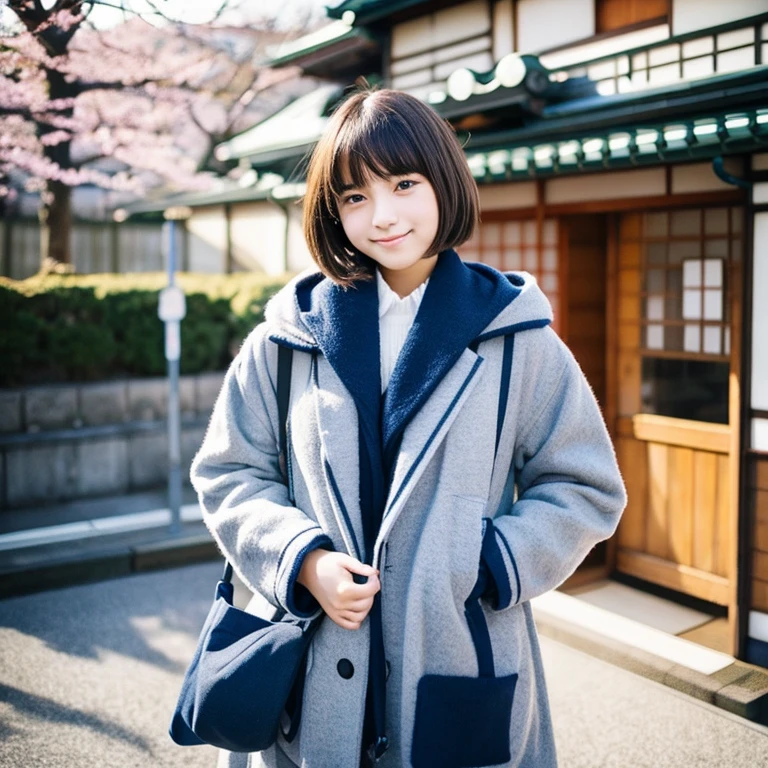 An ultra-high picture quality、Perfect Photo、16-year-old beautiful girl in Japan、wear a navy blue duffel coat、