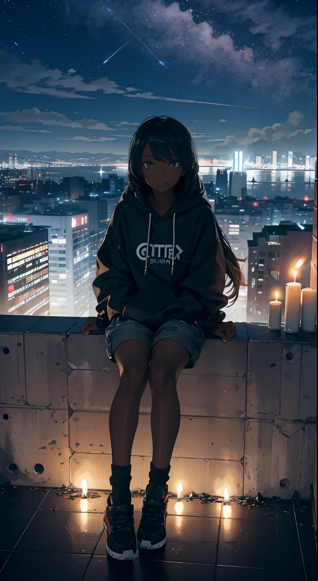 octane, sky, star (sky), scenery, starry sky, night, 1 black girl, night sky, solo, outdoors, building, cloud, milky way, sitting, candles , long hair, city, silhouette, wearing a red hoodie and jean shorts, cityscape view from above