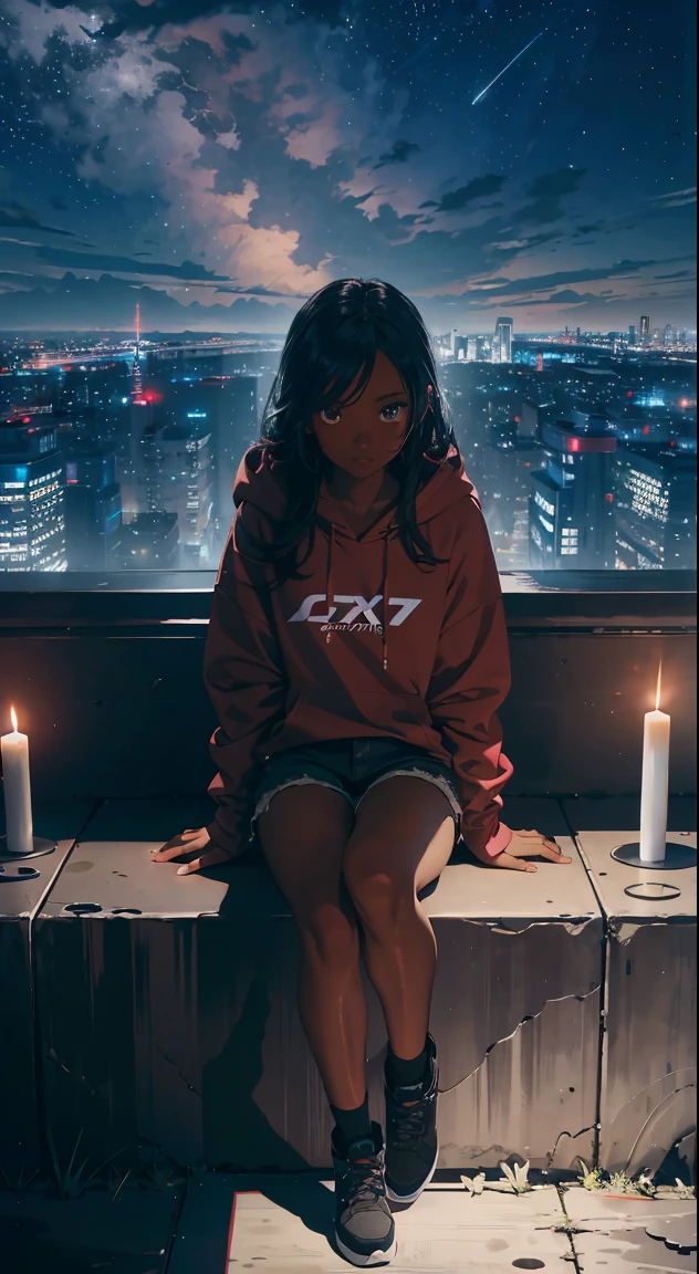 octane, sky, star (sky), scenery, starry sky, night, 1 black girl, night sky, solo, outdoors, building, cloud, milky way, sitting, candles , long hair, city, silhouette, wearing a red hoodie and jean shorts, cityscape view from above