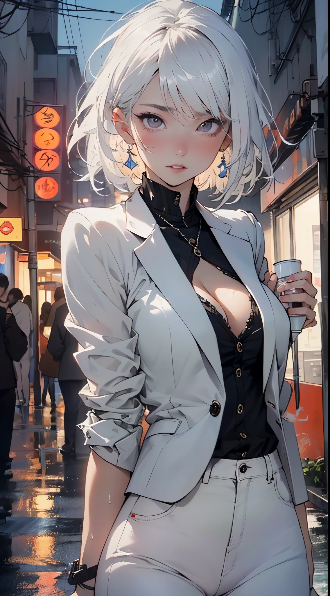 cute albino girl,(((1girl))),((albino girl with extremely cute and beautiful white hair)),
(small breasts:1.4),(((white hair:1.35,colored inner hair,ear breathing,small white hair,tomboy haircut))),((heterochromia:1.5, (aqua_eye and white_eye))),intricate eyes,beautiful detailed eyes,symmetrical eyes,((fat)),(((pale skin,lustrous skin:1.5,bright skin: 1.5,shiny skin,very shiny skin,shiny body,plastic glitter skin,exaggerated shiny skin,illuminated skin,wet legs))),(spider lower abdomen,narrow waist,wide hip,athletic body,inflated legs, thick thighs,detailed body,(detailed face)),
cute,slutty,seductive,erotic,(((nsfw))),
(((wearing white formal blazer,white pants,))),(((huge cleavage))),((wet clothes,intricate outfit,intricate clothes)),
(dynamic pose:1.0),solo focus,embarrassed,(centered,scale to fit dimensions,Rule of thirds),
cyberpunk city by the ocean at night, with bright neon signs and dark stormy clouds and puddles, scenery:1.25,nighttime, starry night, cosmos,Very dark night that makes the neon lights stand out, very bright neon lights,nighttime, starry night, cosmos,
artistic photography,(photography taken by sldr),highres, sharp focus,(ultra detailed, extremely detailed), (photorealistic artwork:1.37),(extremely detailed CG unity 8k wallpaper),((synthwave background theme)),(((vibrant colors))),intricate,(intricate background),(masterpiece),(best quality),perfect rendered face,perfect face details,realistic face,photo realistic,analog style,((intricate detail)),(((realism))),
