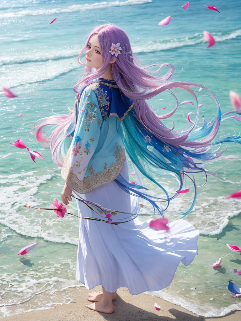 Playing in the tide,Luxley, Split color hair, Wind, Flying petals, stainedglassai, ornamental, Intricate details, dufkova, 2D, linear art, watercolor paiting, ink watercolor, random colored hair, Super long hair, Wavy, 1girl in,alraune,flower, alraune,