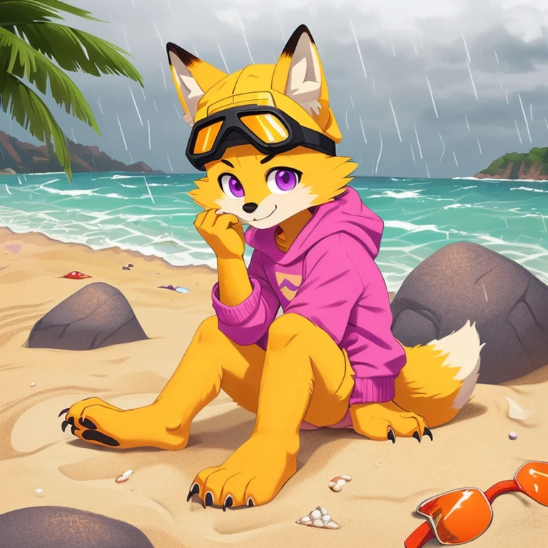 (A character), (fox with yellow fur and white chest), (under muzzle is white), (yellow fur), (white tail tip), (wearing a magenta sweater), (light blue scarf), (yellow jockey hat with orange visor), (orange visor), (magenta eyes), (slim and fit body), (apparently slim but strong appearance), (relaxed expression), (male), (medium height), (solitary), (white eyebrows), (4 toes on his paws), (5 toes on his hands), (magenta eyes), fluffy, (fluffy fur), (goggles), (black crystal goggles), (yellow paws), (background beach), (beach), (rocks in the sand), rocks, (his sweater covers his crotch), (yellow tail with white tips), (his paws and hands are yellow), (black paws), (claws), (golden fur), (golden yellow fur), (black pawpads), kerchief, (sitting), (cloudy), (cloudy day), (cloudy day at the beach), (rain), (rain at the beach), (rain at the beach), (yellow cap), (yellow cap with orange visor), young, (white eyebrows), (thick eyebrows), (claws on their toes), (claws on their fingers), (short claws), short, (medium height)