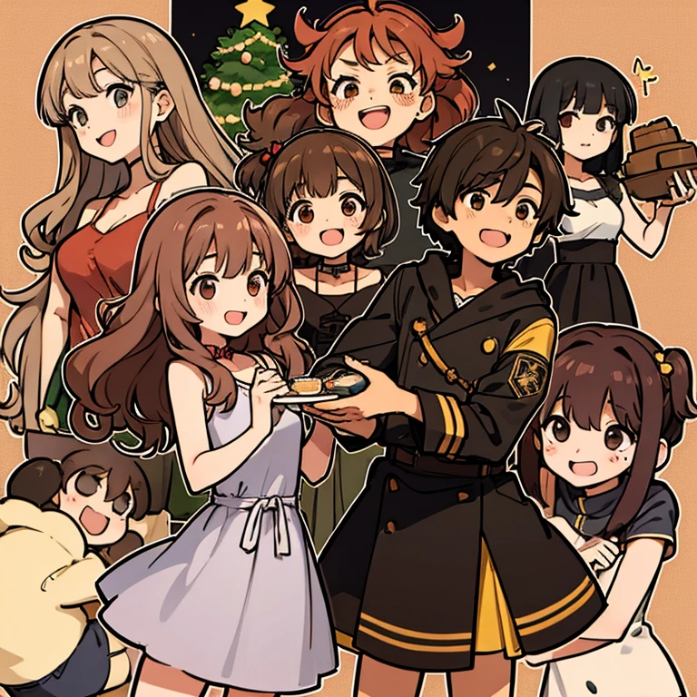 A friend group of five, African American boy with short curly hair and brown eyes, a medium curly red haired girl with hazel eyes, a long curly brown haired girl, a long wavy red head and hazel eyes girl , and a short fluffy brown haired blue eyes girl. All of them are thirteen. The boy  black and the girls are white. The girl with brown hair in the middle