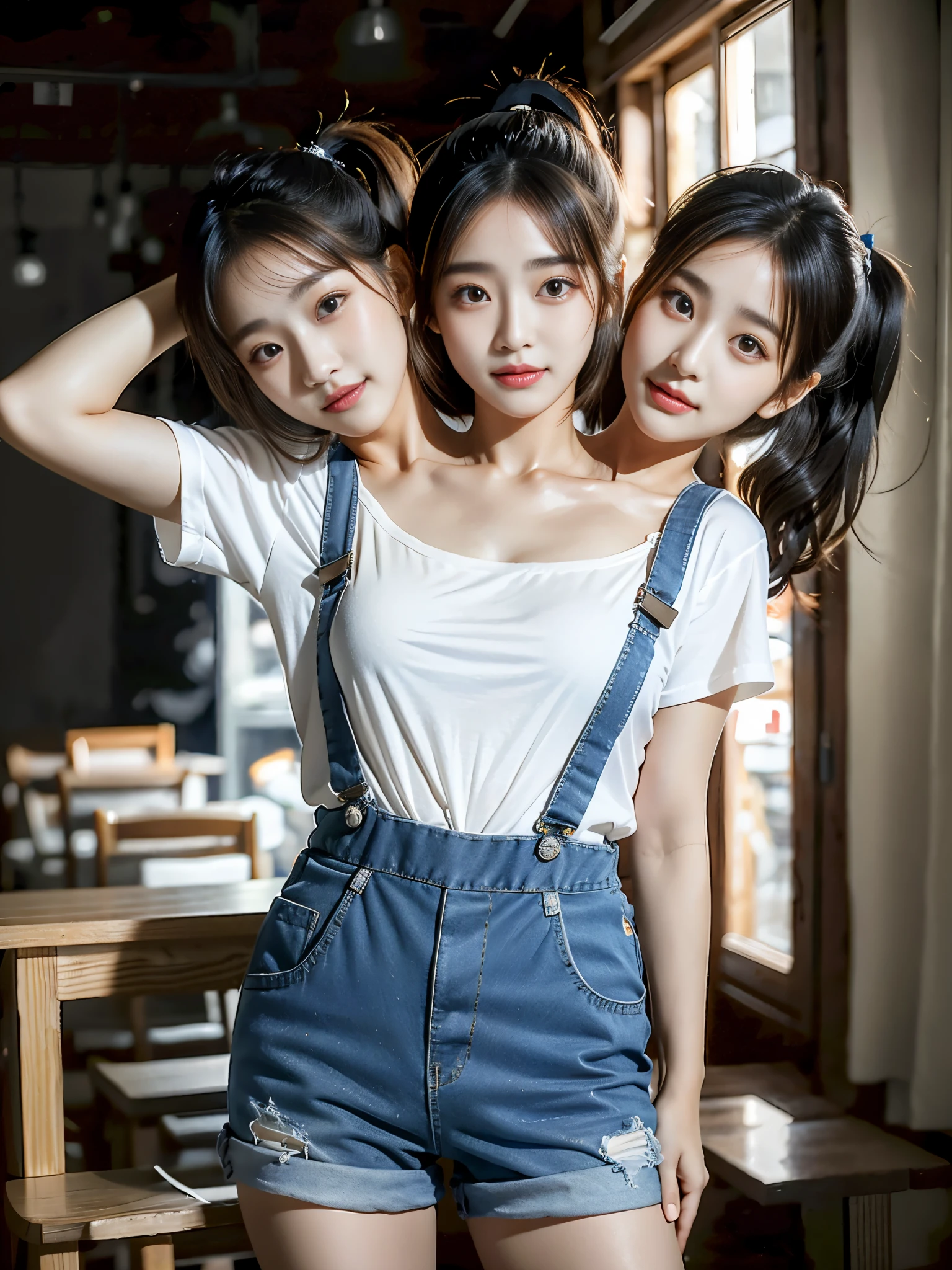 best resolution, 3heads, korean woman with three heads shorth ponytail hair,various expressions, t-shirt, overalls, indoor background