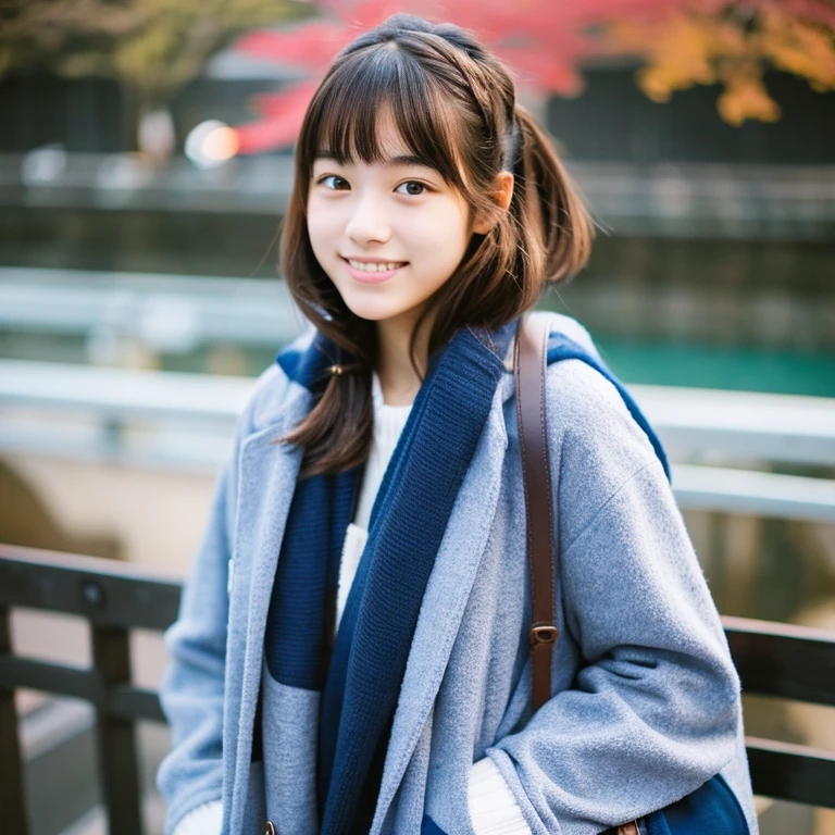 An ultra-high picture quality、Perfect Photo、16-year-old beautiful girl in Japan、wear a navy blue duffel coat、