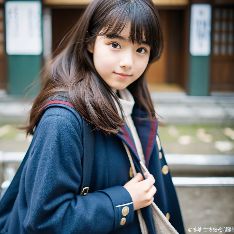 An ultra-high picture quality、Perfect Photo、16-year-old beautiful girl in Japan、wear a navy blue duffel coat、