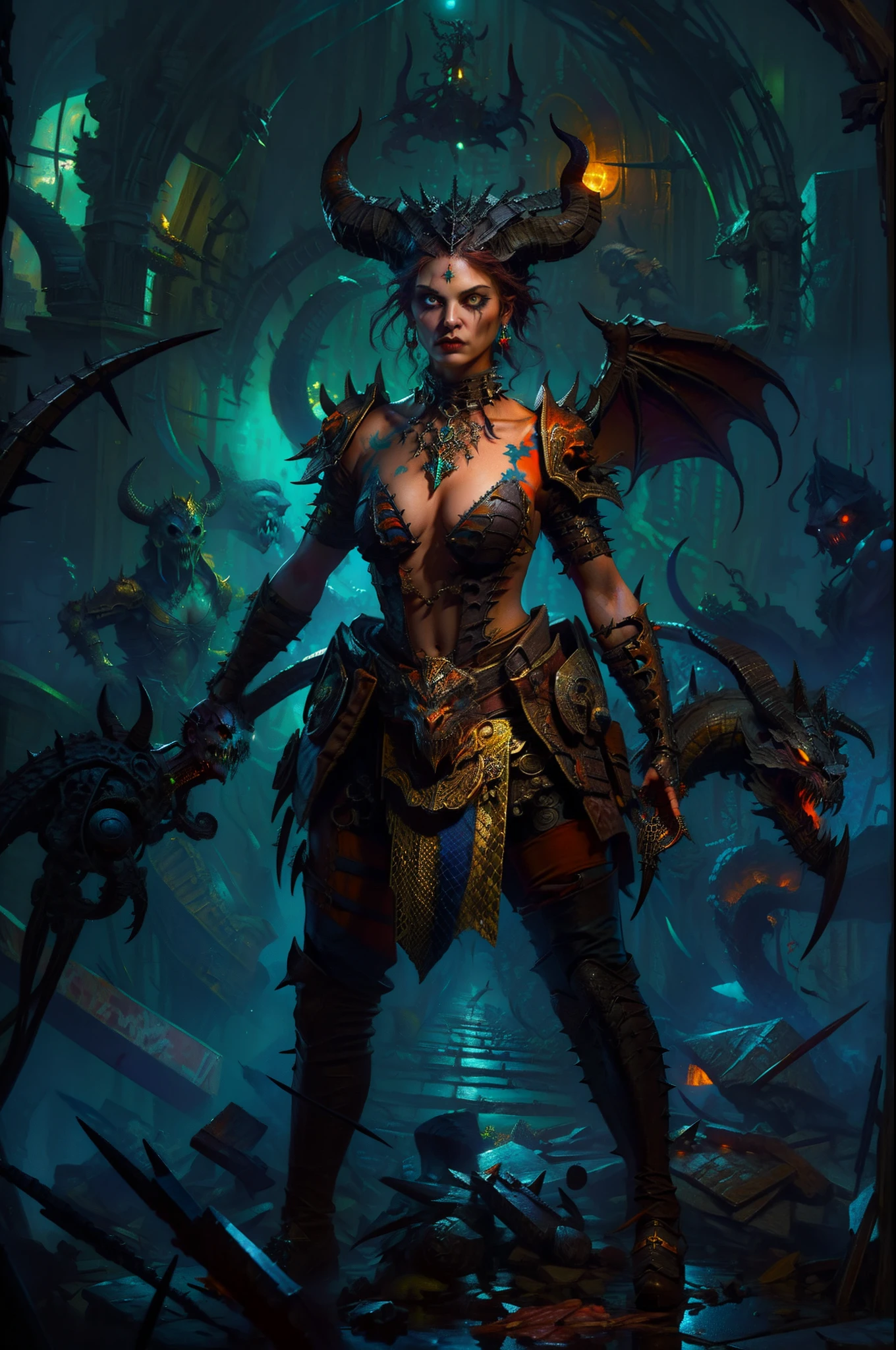 's, gothic art, lightand shade contrast, Standing painting, estimate, holland angle, emphasis lines, tmasterpiece, acurate, Anatomically correct, A high resolution, Best quality at best, super detailing, Award-Awarded,D14bl0 style Lilith, Diablo 4 Queen, (multi-legged female),Bigchest,Meat,'s,Scary faces,pale-skinned,Snake pupils,Eight legs covered with spikes,Epic war fantasy digital art,(greg rutkovsky:0.8), (cyan and orange:0.4),People drawing, Standing painting