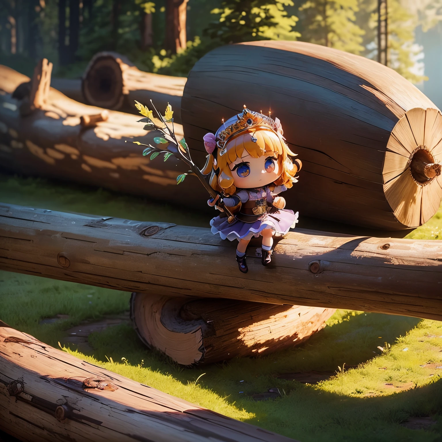 masterpiece、top-quality、ultra-detailliert、(Chibi Chara Princess:1.2)、Glitter eyes、(giant log:1.5)、floral cut and sew、Luxurious tiara、(lift a huge long log:1.5)、In front of the fairy tale castle、One Princess