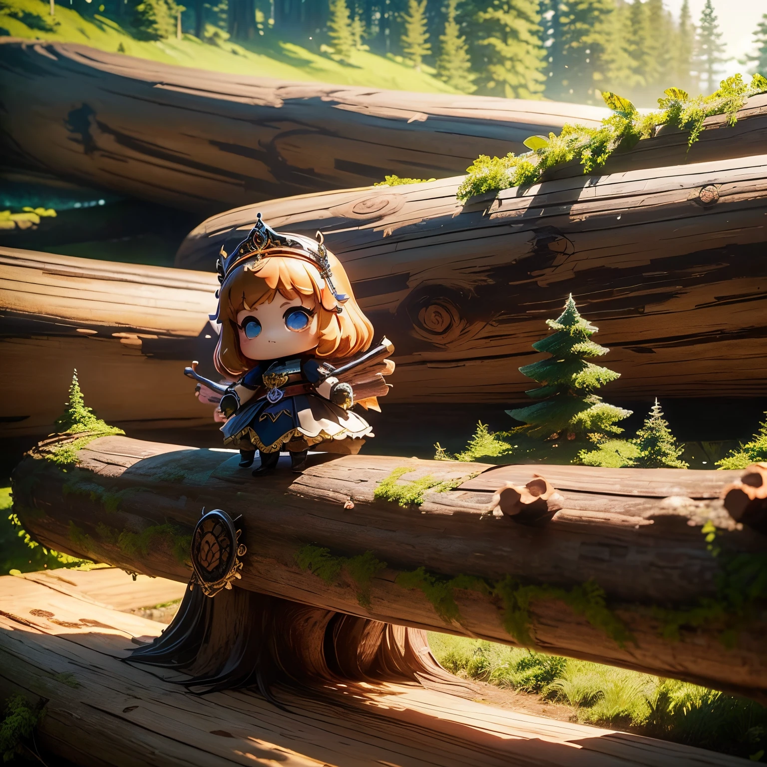 masterpiece、top-quality、ultra-detailliert、(Chibi Chara Princess:1.2)、Glitter eyes、(giant log:1.5)、floral cut and sew、Luxurious tiara、(lift a huge long log:1.5)、In front of the fairy tale castle、One Princess