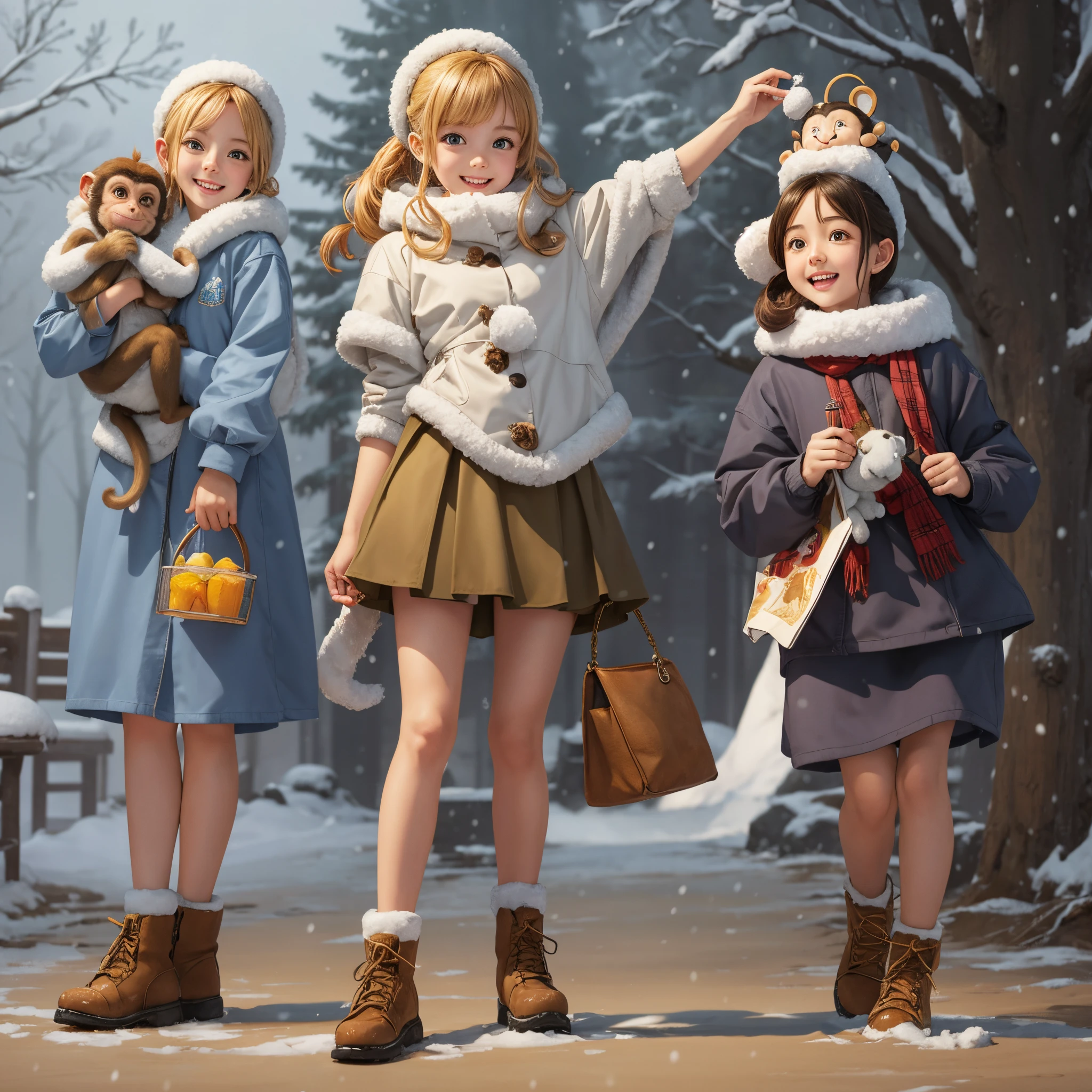 Three girls holding a monkey and an imaginary pet playing in the snow 36k resolution realistic anime art style