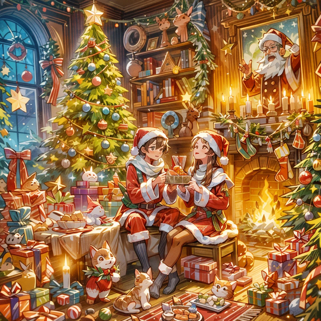 (((Vector illustration style))),vivd colour,magical ambiance,whimsically,Sparkling,Fantasy Christmas world,In the room,A young couple wearing Christmas costumes enjoying Christmas dinner。The room decorated with a tall Christmas tree,Covered with flashing lights,Decoration colorful。There are gift boxes stacked next to it,Exquisite packaging reveals expectations and surprises。A warm fire burns in the fireplace,Various Christmas decorations are placed around,There also a beautiful Christmas wreath hanging on the fireplace。Gingerbread cookies on the table、Cane sugar、Christmas delicacies such as candies。Kitten at feet lies on Christmas rug,wearing a red scarf,Seems to be enjoying this moment。The room filled with a strong Christmas atmosphere,full of joy and,Intoxicating, (Ghibli-like colours, pov, first-person view, UHD, masterpiece, ccurate, anatomically correct, super detail, high details, high quality, award winning, best quality, 8k)