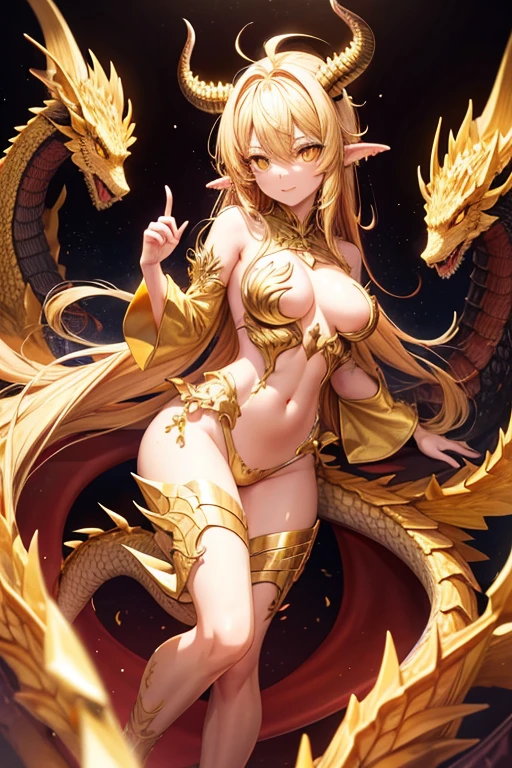 front of the camera, fullbody, dragon girl, golden hair, yellow eyes, half-naked, scales, horns, adult, medium breasts, golden details