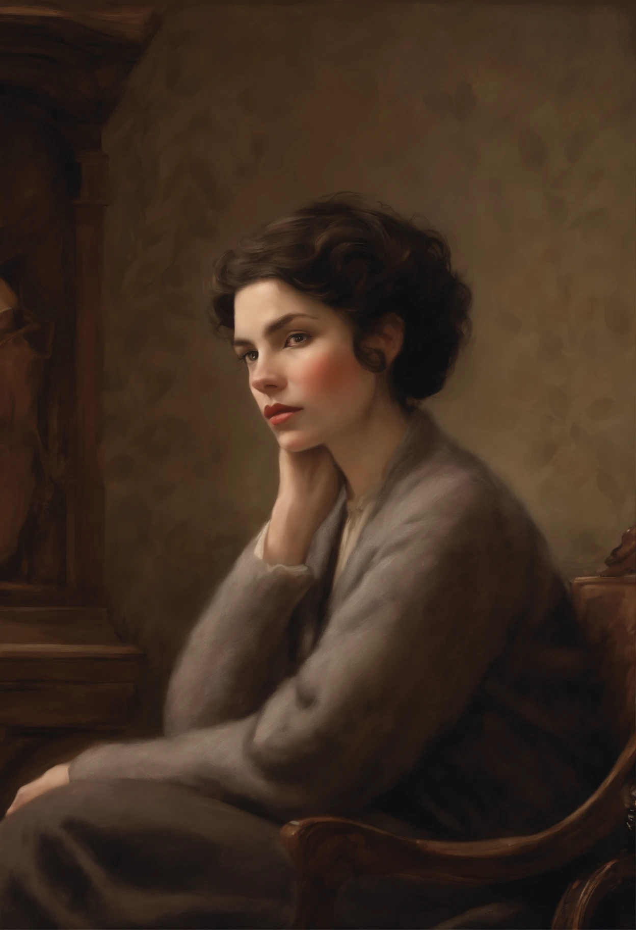 真实感, fairytale, Christmas style, Fantasy fairy tale, John Tolkien style, Small painting by Jean-Baptiste Monge, portrait of a woman with short hair, Soft facial features, woman with short dark hair, dressed in a jacket and trousers,   With light makeup,  dark pink lips,  lip shape"pearlescent" ,"curved eyebrows in the shape of Engriberts, light gray eyes,  heavy-lidded eyes, bob shaped hair, short black hair to shoulder length,   crossing legs, in a big soft chair.,Wears trousers, likes it in a sweater, A slight smile on his face, Hands on the armrests  , Human Hand, Very clear, Without flaws, five fingers,  in the foreground is a fireplace with fire,  Christmas tree in the background, Jean-Baptiste Monge, anthropomorphic --ar 2:3 --testp -optimistic;