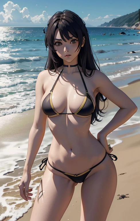 Bambietta bleach, foto de corpo inteiro , pernas grossas e bonita do mais alto grau baseada na personagem bambietta extremely high quality, A mais alta qualidade de imagem, Top resolution, Fotos RAW, Foto Realista, ultra detalhado e bonito, Detalhes mais altos, Pele clara bonita, (seios grandes, seios aparente, micro bikini, medium hips, Athletic body, olhos pretos brilhantes, cabelos longos, cabelo pretos, arte digital, 4k, detalhes perfeitos, hipnotizantes, feito profissionalmente, beautiful vector illustration, 12k resolution, ..3d, ((altamente detalhado)),((Ultra alta qualidade)), na praia, bem detalhado