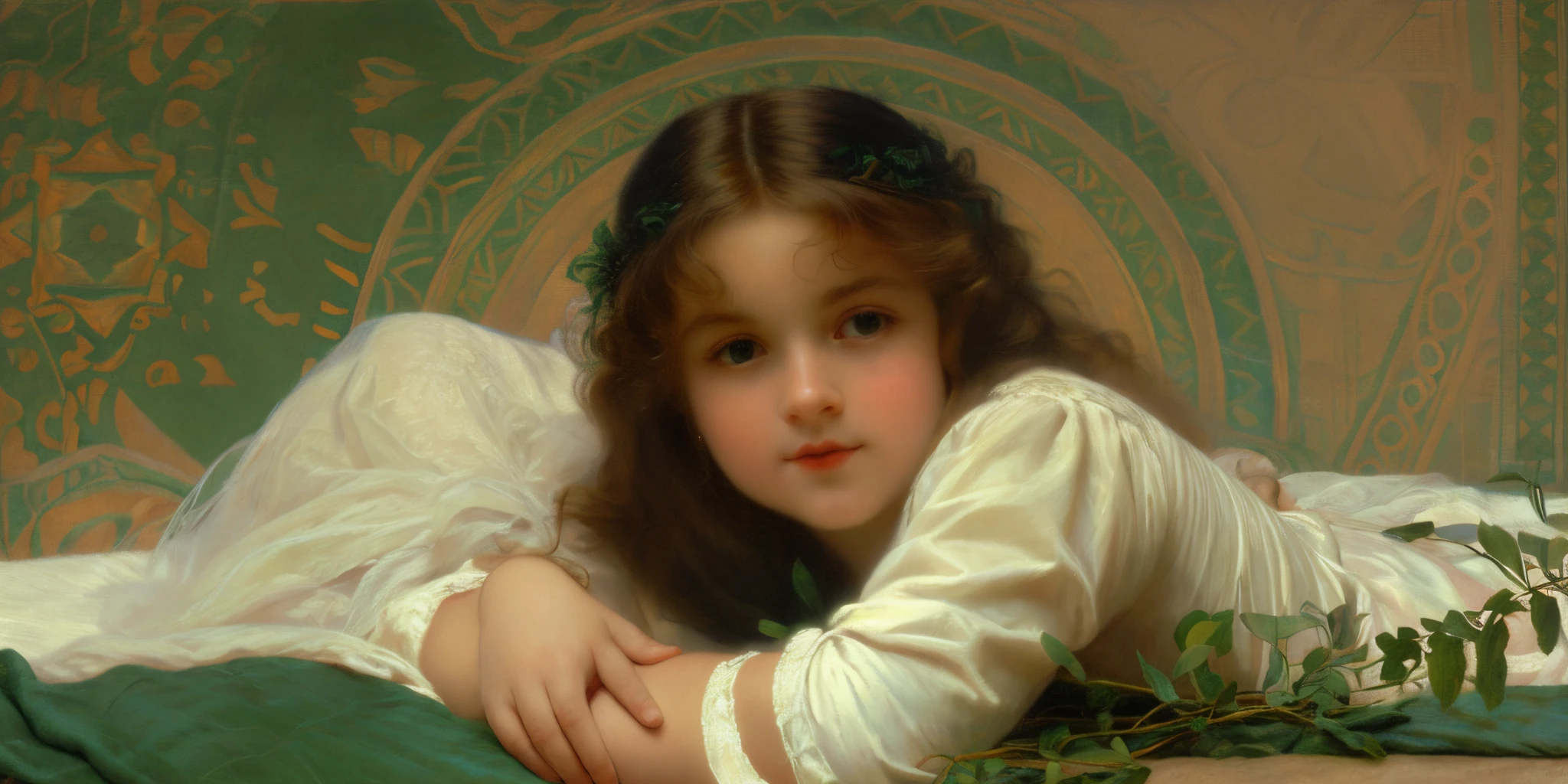 painting of a young girl laying on a bed with a green blanket, by Alexandre Cabanel, rossetti bouguereau, art of edouard bisson, inspired by Alexandre Cabanel, mucha style 4k, renaissance digital painting, inspired by Pierre Auguste Cot, albert lynch, pre-raphaelite oil painting, hyperrealistic art nouveau
