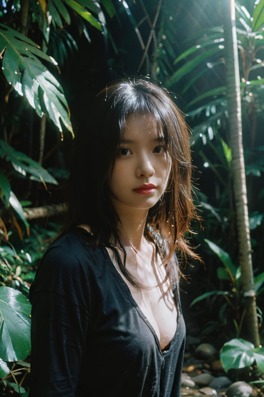 ((Top Quality)),((Masterpiece)),((Very Beautiful)), Outstanding Light and Shadow, One Girl, Messy Hair, Realistic Skin Texture, Isolated Damp Rocky Place, Jungle, Animals Living in Jungle, Feminine Pose