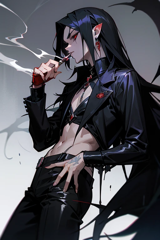 black long hair femine vampire boy with drip hip hop outfit, smoking cigarrette