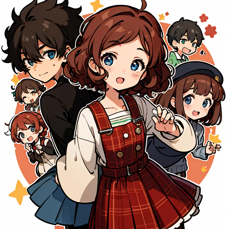 A friend group of five, African American boy with short curly hair and brown eyes wearing chill clothes, a medium curly red haired girl with hazel eyes wearing cute clothes , a long curly brown haired girl wearing chill clothes , a long wavy red head and hazel eyes girl wearing preppy clothes , and a short fluffy brown haired blue eyes girl wearing alt clothes. All of them are thirteen. The boy  black and the girls are white.