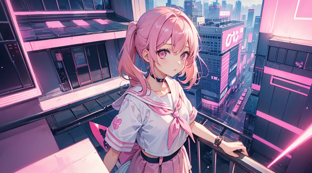 (1girl, pink eyes, pink hair, sailor suit kawaii) , (pink cyberpunk building rooftop, pink neon)