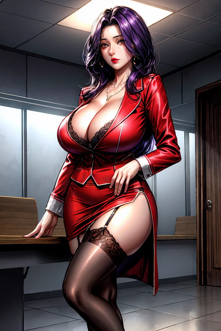masterpiece, best quality, aesthetic, 1girl, sidelocks, cinematic lighting, sharp focus,large breasts , mature female, horny ,16k, glowing eyes, detailed 4k eyes,
playground,seduction,sexy lips, parted lips,detailed lips,
red lips, high detailed background,((big brown eyes)), detailed face,shiny skin,
clara_ma,solo,
breasts, 1girl, office lady, skirt, long hair, jewelry, cleavage, thighhighs, purple hair, necklace, huge breasts, pencil skirt, shirt, skirt suit, high heels, office, red skirt, formal, mature female, black footwear, red jacket, red suit, miniskirt, curvy, garter straps, white shirt, indoors,red lips,