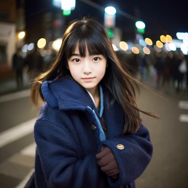 An ultra-high picture quality、Perfect Photo、16-year-old beautiful girl in Japan、wear a dark blue duffel coat、early evening、