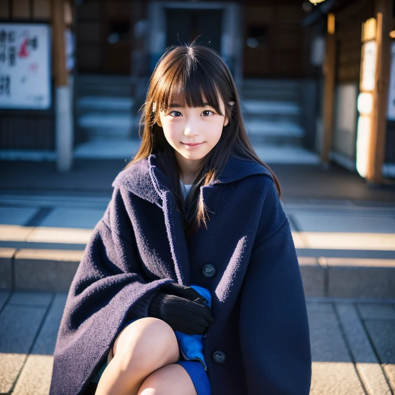 An ultra-high picture quality、Perfect Photo、16-year-old beautiful girl in Japan、wear a dark blue duffel coat、early evening、