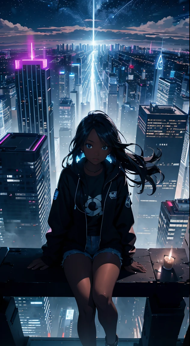 octane, sky, star (sky), scenery, starry sky, night, 1 black girl, night sky, solo, outdoors, building, cloud, milky way, sitting, candles , long hair, city, hourglass figure, silhouette, wearing a jacket and jean shorts, cityscape view from above