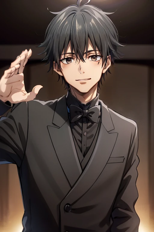 masutepiece, Best Quality, High quality, 1boy, Solo, Male Focus, Looking at Viewer, Upper body, Fushiguro_Megumi,Black eyes、smil、One Boy, (((black tuxedo,Sexy black suit,nightclubs,colorful lighting,)))Background Nightclub,Fancy lighting,spot light,Beautiful hands