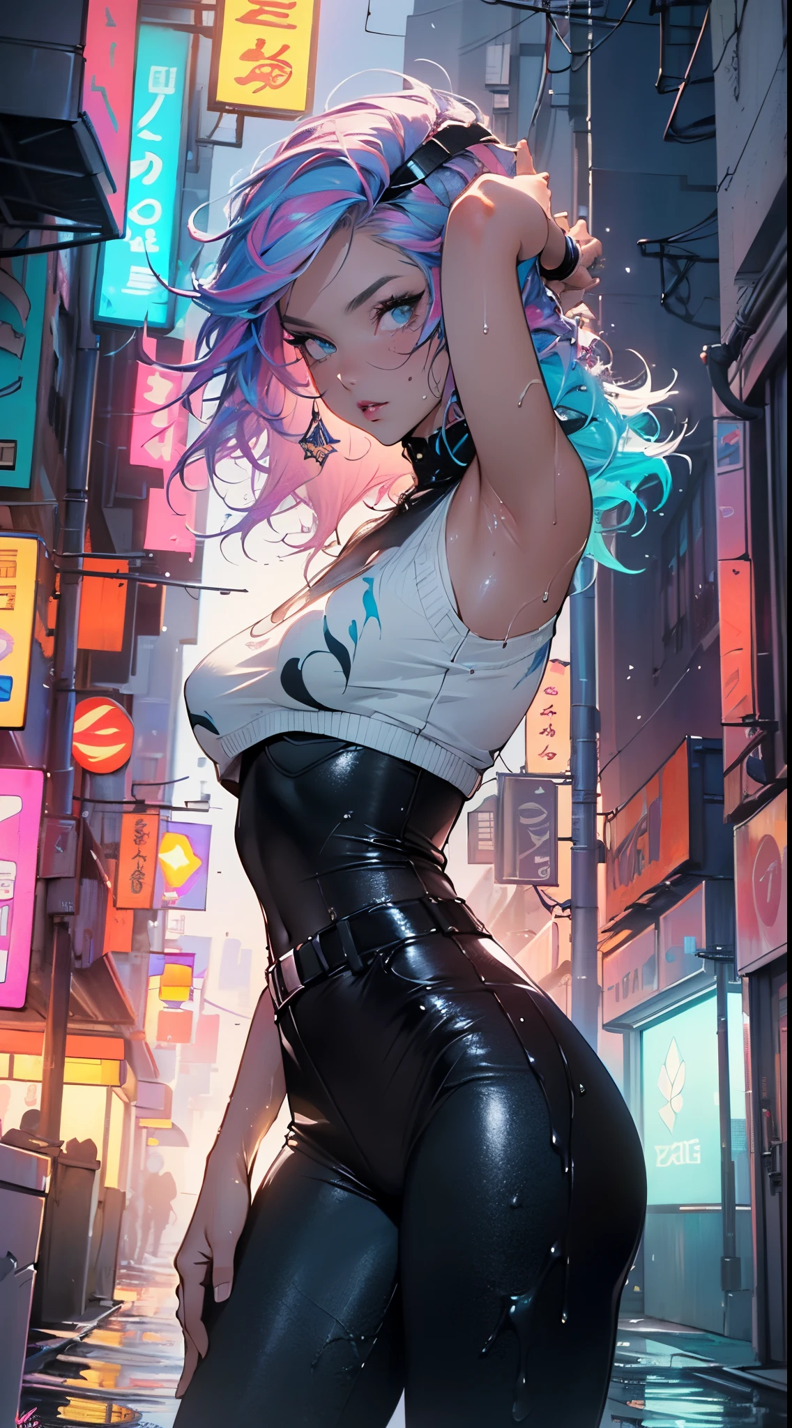 cute cartoon girl,(((1girl))),((extremely cute cartoon girl with liquid paint hair)),
(large breasts:1.4),(((very long hair,absurdly long hair,hair down to the waist,liquid paint hair:1.1,neon purple hair|neon pink hair|neon blue hair|neon aqua hair|purple hair|fuchsia hair|fluorescent blue hair|amethyst hair|neon hair|bright pink hair :1.5,bright hair: 1.3,hair made of paint and defies gravity,thick flowing,paint splatter:1.3,shiny hair: 1.3,vibrant colored hair))),((heterochromia:1.5, (purple_eye and pink_eye))),intricate eyes,beautiful detailed eyes,symmetrical eyes,((fat)),(((lustrous skin:1.5,bright skin: 1.5,skin tanned,shiny skin,very shiny skin,shiny body,plastic glitter skin,exaggerated shiny skin,illuminated skin,wet legs))),(spider lower abdomen,narrow waist,wide hip,athletic body,inflated legs, thick thighs,detailed body,(detailed face)),
cute,slutty,seductive,??????,(nsfw)
(((liquid paint clothes,clothes made of liquid paint,body paint))),underboob,with liquid paint micro clothes,body paint,dripping paint,liquid pain tiny thong,bare legs,((wet liquid paint clothes,detailed outfit,detailed liquid paint clothes)),
(dynamic pose:1.0),solo focus,embarrassed,(centered,scale to fit dimensions,Rule of thirds),
cyberpunk city by the ocean at night, with bright neon signs and dark stormy clouds and puddles, scenery:1.25,nighttime, starry night, cosmos,Very dark night that makes the neon lights stand out, very bright neon lights,nighttime, starry night, cosmos,
artistic photography,(photography taken by sldr),highres, sharp focus,(ultra detailed, extremely detailed), (photorealistic artwork:1.37),(extremely detailed CG unity 8k wallpaper),((synthwave background theme)),(((vibrant colors))),intricate,(intricate background),(masterpiece),(best quality),perfect rendered face,perfect face details,realistic face,photo realistic,analog style,((intricate detail)),(((realism))),
