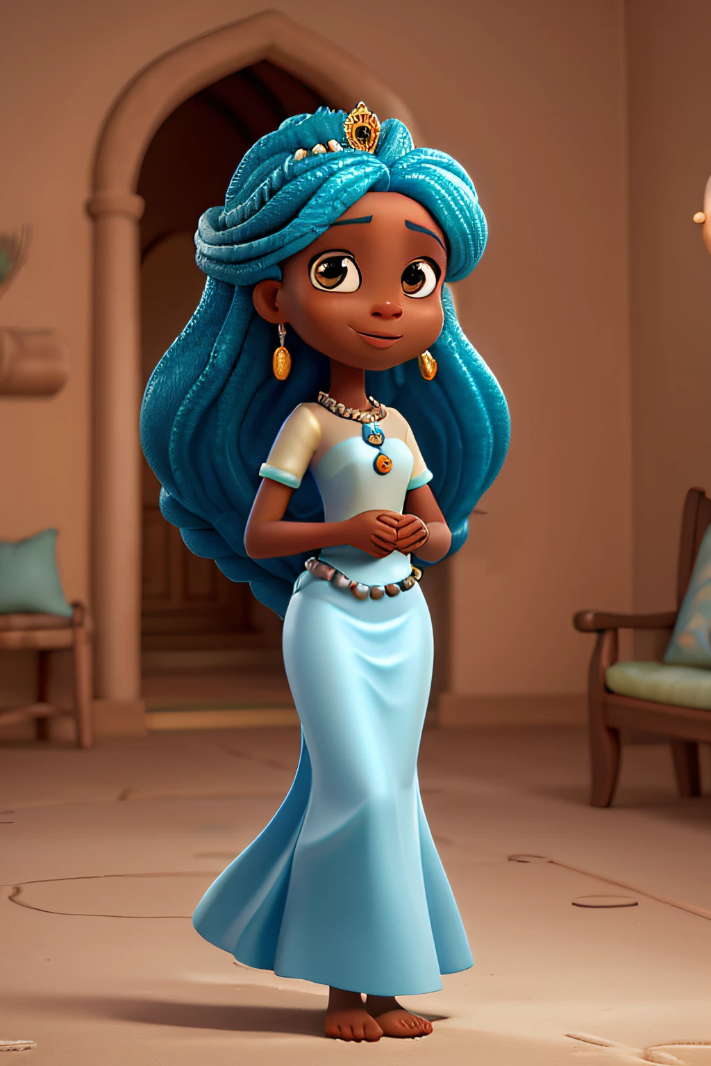 uma mulher africana na casa dos 30 anos, com cabelos longos, em uma saia longa azul e um top de sereia azul e uma coroa, barefoot, wearing a pearl necklace, with open arms, holding a silver hand mirror, de frente para o mar