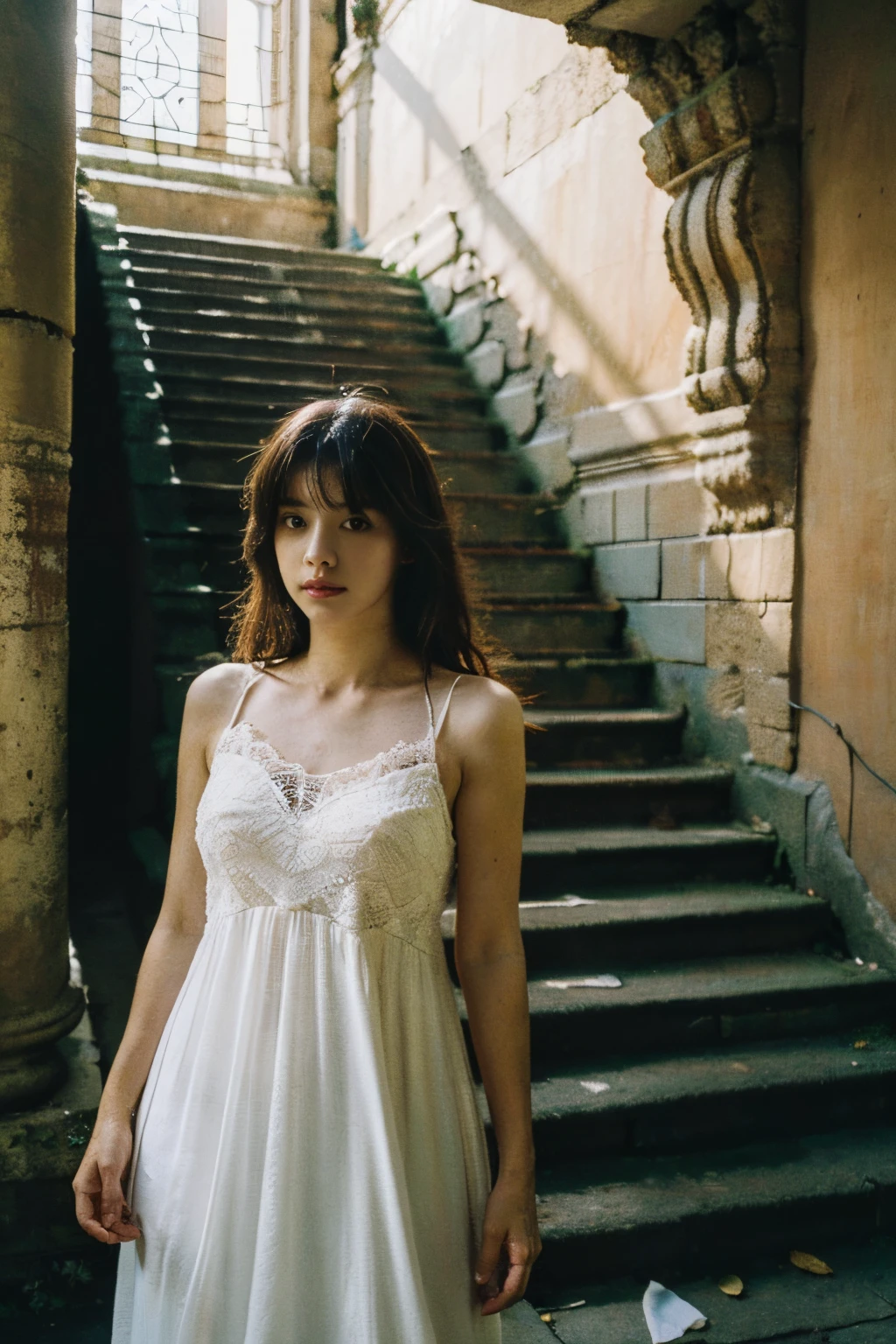 ((Top Quality)),((Masterpiece)),((Very Beautiful)), Distinctive light and shadow, One girl, Messy hair, Realistic skin texture, Ancient ruins, Destroyed stairs of a royal palace, Feminine pose, Tropical plants