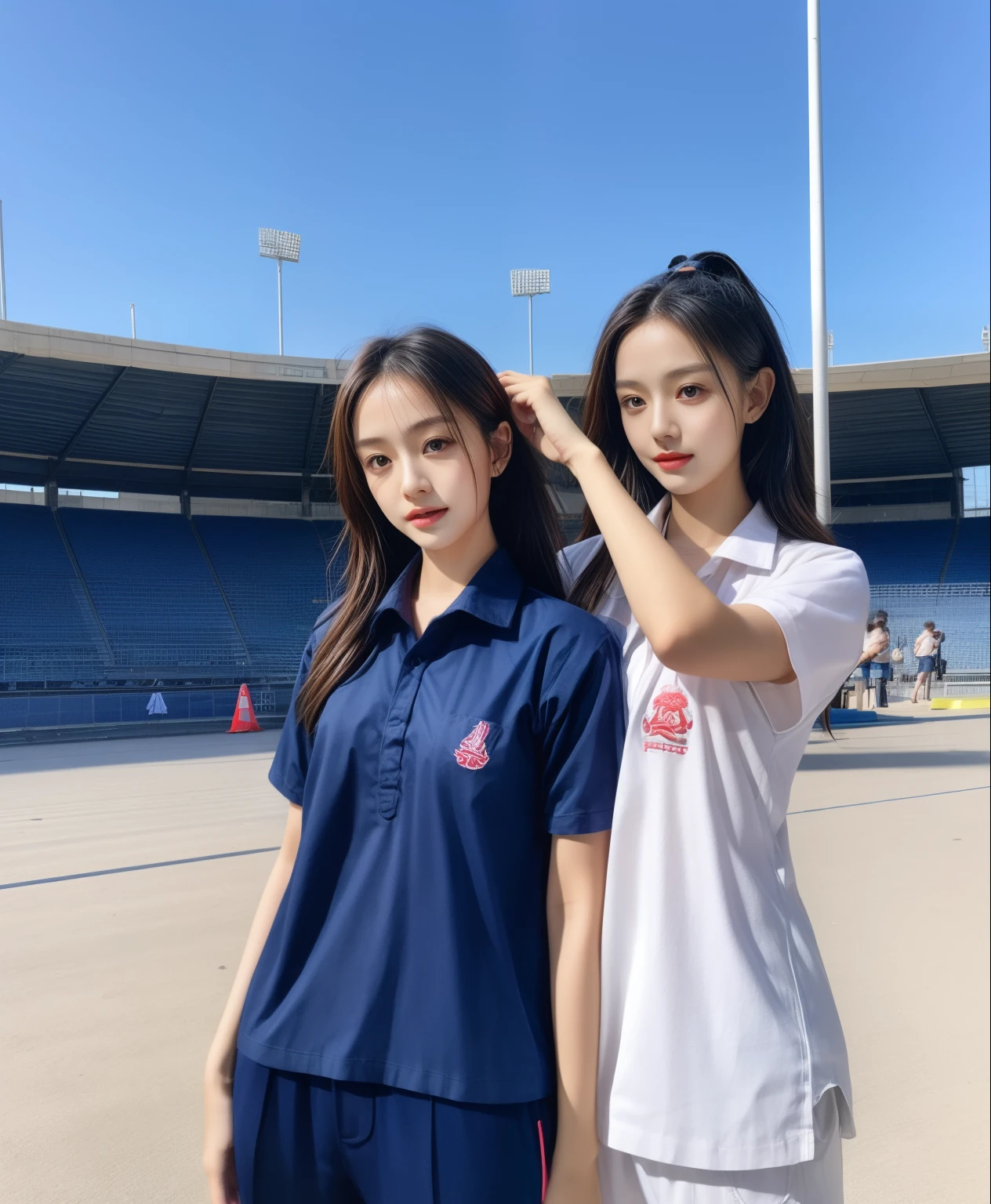 (bestquality,10,10,highres,masterpiece:1.2),ultra-detail,(Realistic,photorealistic portrait,photo-realistic:1.37),1 Cute girl in the football field,oily shiny skin,bara,light smile,BDclothelue shirt:1.3)),short sleeves,shirt, trousers.,(navy_long_Pants Track:1.1), ((Stadium Background:1.3)),dynamic angle,excited,face focus,Dynamic Poses,from behide,Ass Focus,masterpiece, bestquality, ultra realistic, hyper-detail, 8k resolution, RAW photo, crisp focus, ((Navy blue shirt:1.1)), short sleeves, Long Path, Perfect body, 2 mature women, 18yo, cinematic light,Blue sweatpants,Gymware,Correct anatomy,Complete body, Correct body, sharp face, Anatomically correct body, full entire body, Realistic gestures, long-haired, Realistic poses,Wear long shorts....................................,Long leg span,Shapely,Sculpting Girl, Slender Figure, mannequin mannequins, Shapely, Beautiful body,Blue sweatpants, Two girls kissing