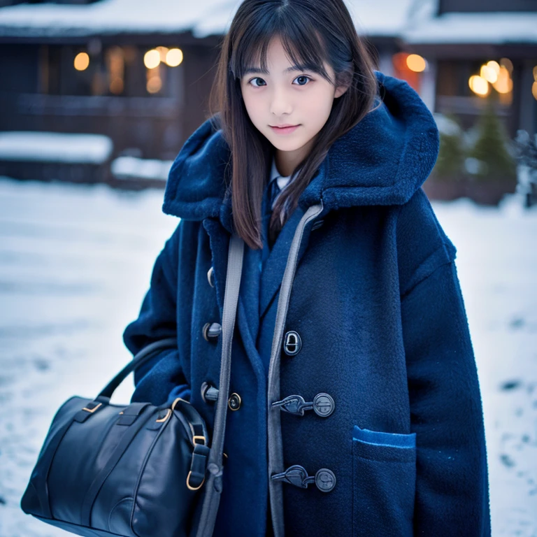 An ultra-high picture quality、Perfect Photo、Japanese beautiful girl、wear a dark blue duffel coat、early evening、