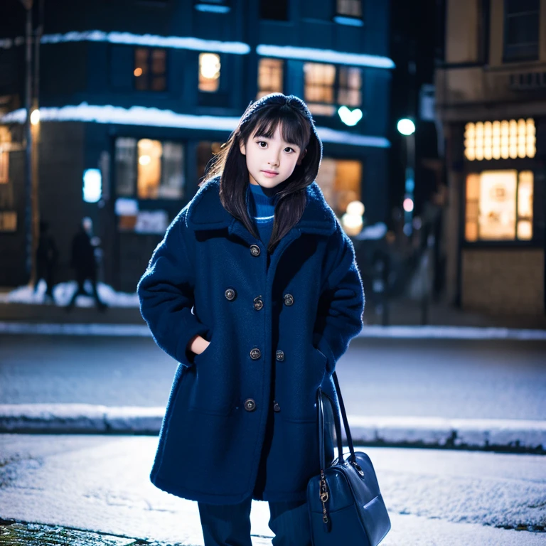 An ultra-high picture quality、Perfect Photo、Japanese  beautiful girl、wear a dark blue duffel coat、early evening、