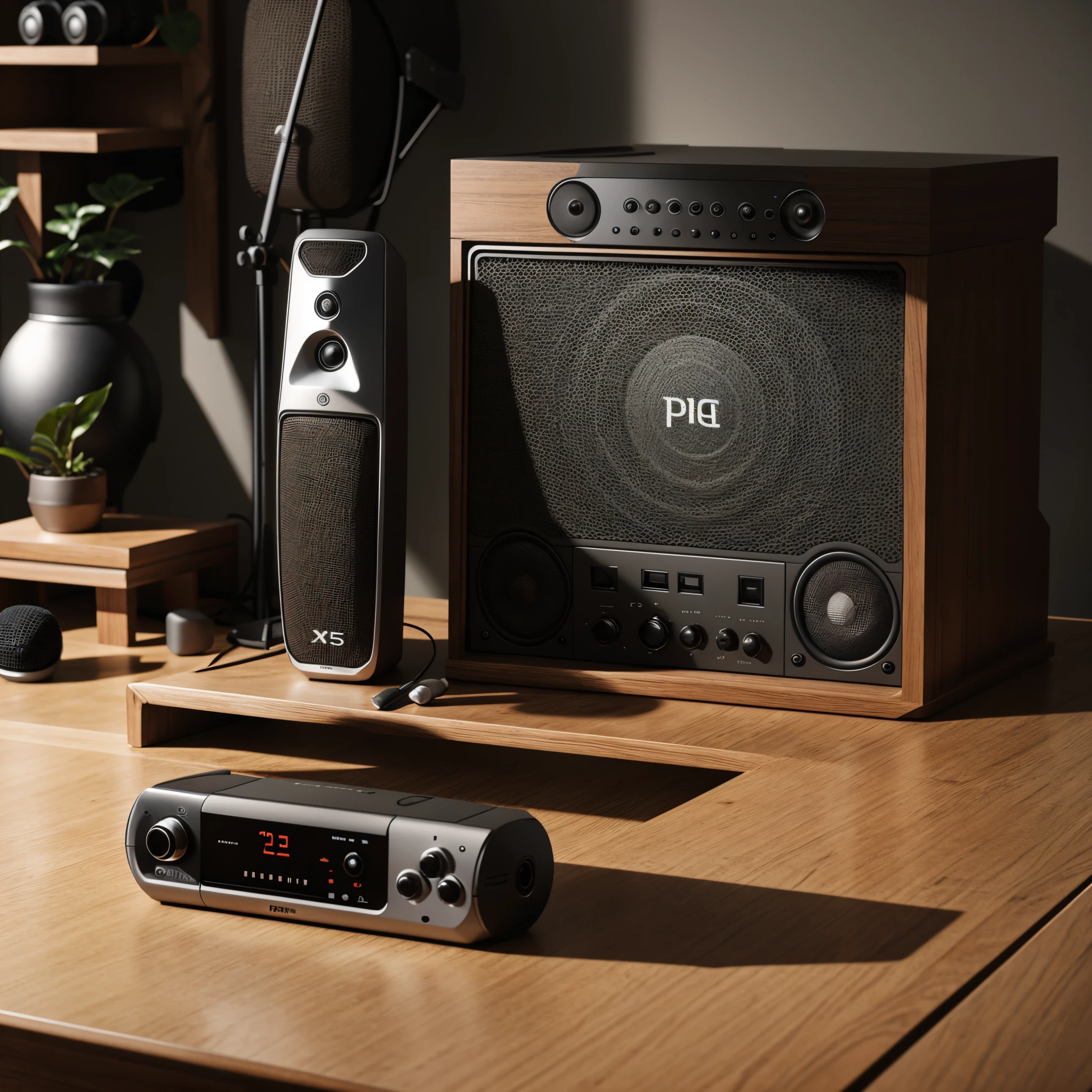 There a microphone and a speaker on the table, speakers, product introduction photos, audio equipments, album, 19xx year, detailed wide shot, for ps5, rendering, 5.6, sing, -n 9, -n 9, -n9, album covers, 6k, 6k, A queen, tall, Bottom corner