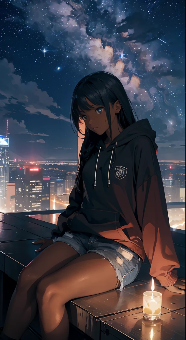 octane, sky, star (sky), scenery, starry sky, night, 1 black girl, night sky, solo, outdoors, building, cloud, milky way, sitting, jarred candles , long hair, city, silhouette angle, wearing a red hoodie and jean shorts, cityscape