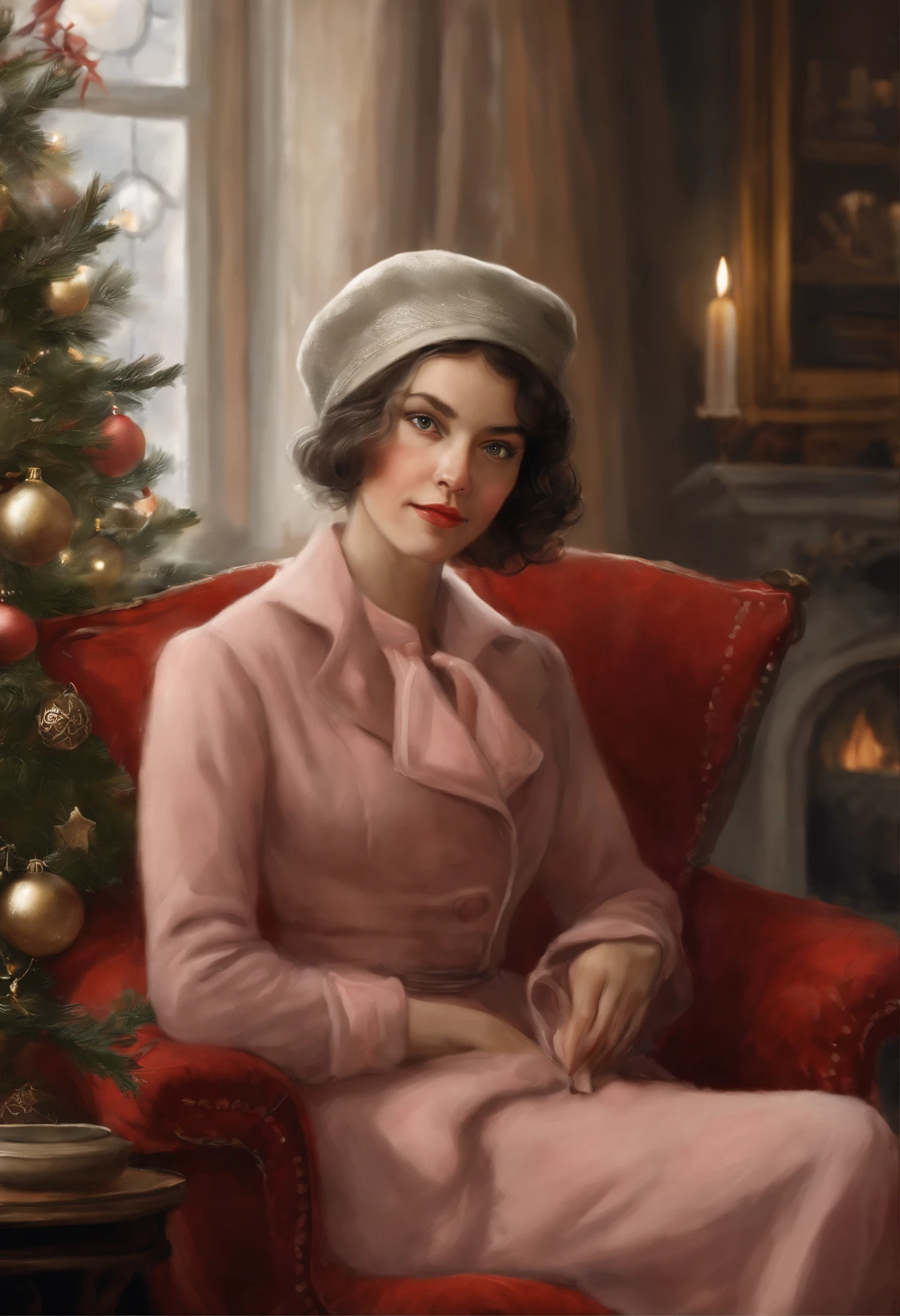 真实感, fairytale, Christmas style, Fantastic tale, John Tolkien style, Small painting by Jean-Baptiste Monge, portrait of a woman sitting in a chair with a Christmas cap near the New Year tree, Soft facial features, woman with short dark hair, wearing a jacket and trousers, With light makeup, dark pink lips, lip shape"pearlescent" ,"curved eyebrows in the shape of Engriberts, light gray eyes, heavy-lidded eyes, bob hair, short black hair to shoulder length, crossing legs, in a big soft chair.,Wears trousers, like it in a sweater, A slight smile on his face, Hands on the armrests , Human Hand, Very clear, Without flaws, five fingers, in the foreground is a fireplace with fire, Christmas tree in the background, Jean-Baptiste Monge, anthropomorphic --ar 2:3 --testp -optimistic;