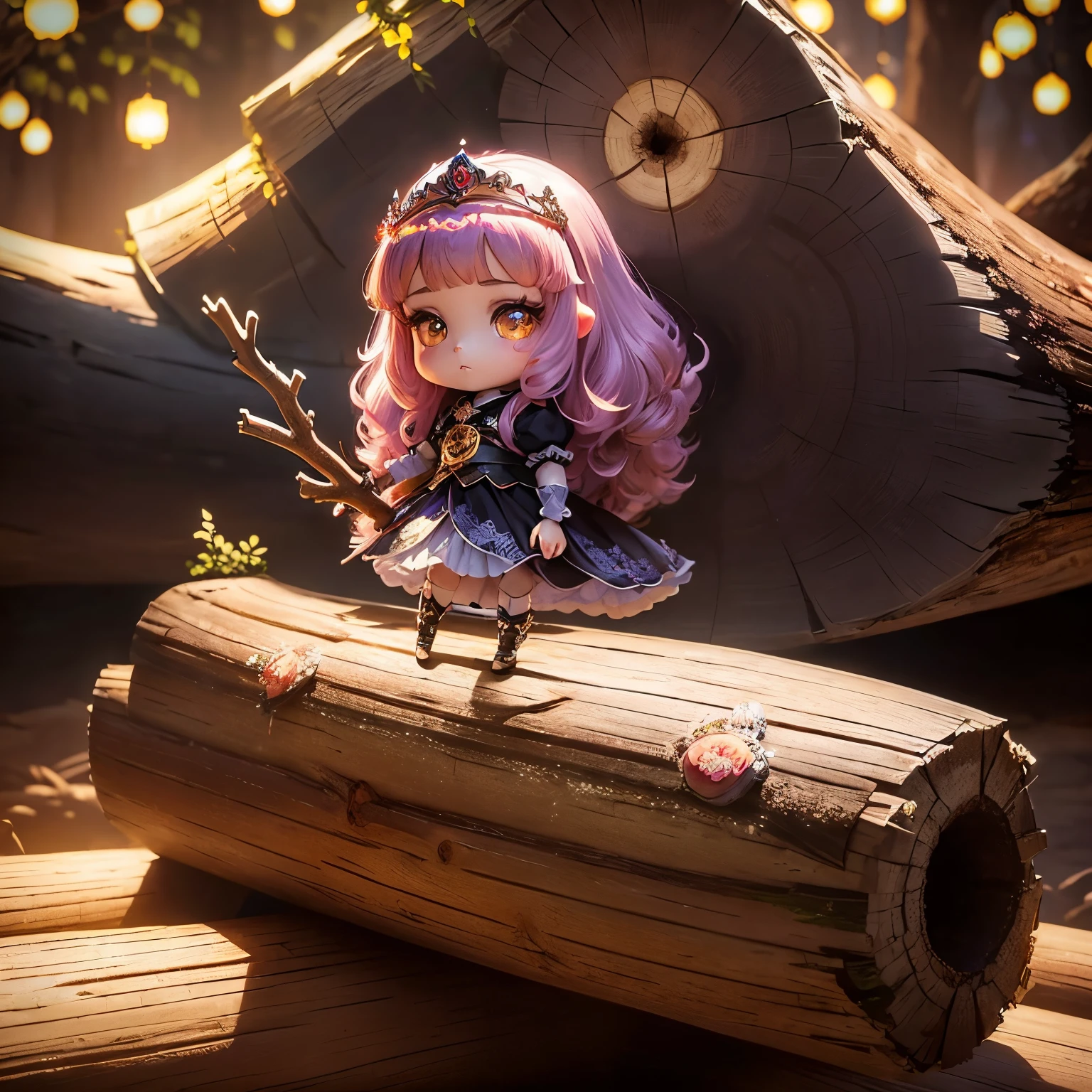 ​masterpiece、top-quality、ultra-detailliert、(Chibi Chara Princess:1.2)、Glitter eyes、(lift a huge log:1.5)、floral cut and sew、Luxurious tiara、(lift a huge long log:1.5)、In front of the fairy tale castle、One Princess