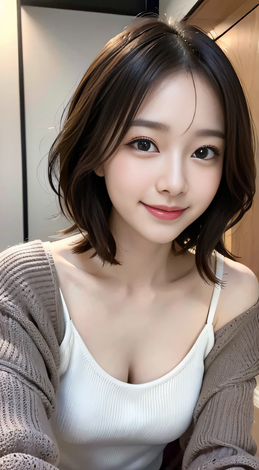 masutepiece、Best Quality、Illustration、 Ultra-detailed、finely detail、 hight resolution、8K Wallpaper、Perfect dynamic composition、24 year old cute girl、detailed beautiful faces、detailed cute eyes、Textured skin、discret smile、Wavy short hair、tiny chest、Bold sexy poses、Winter casual wear、