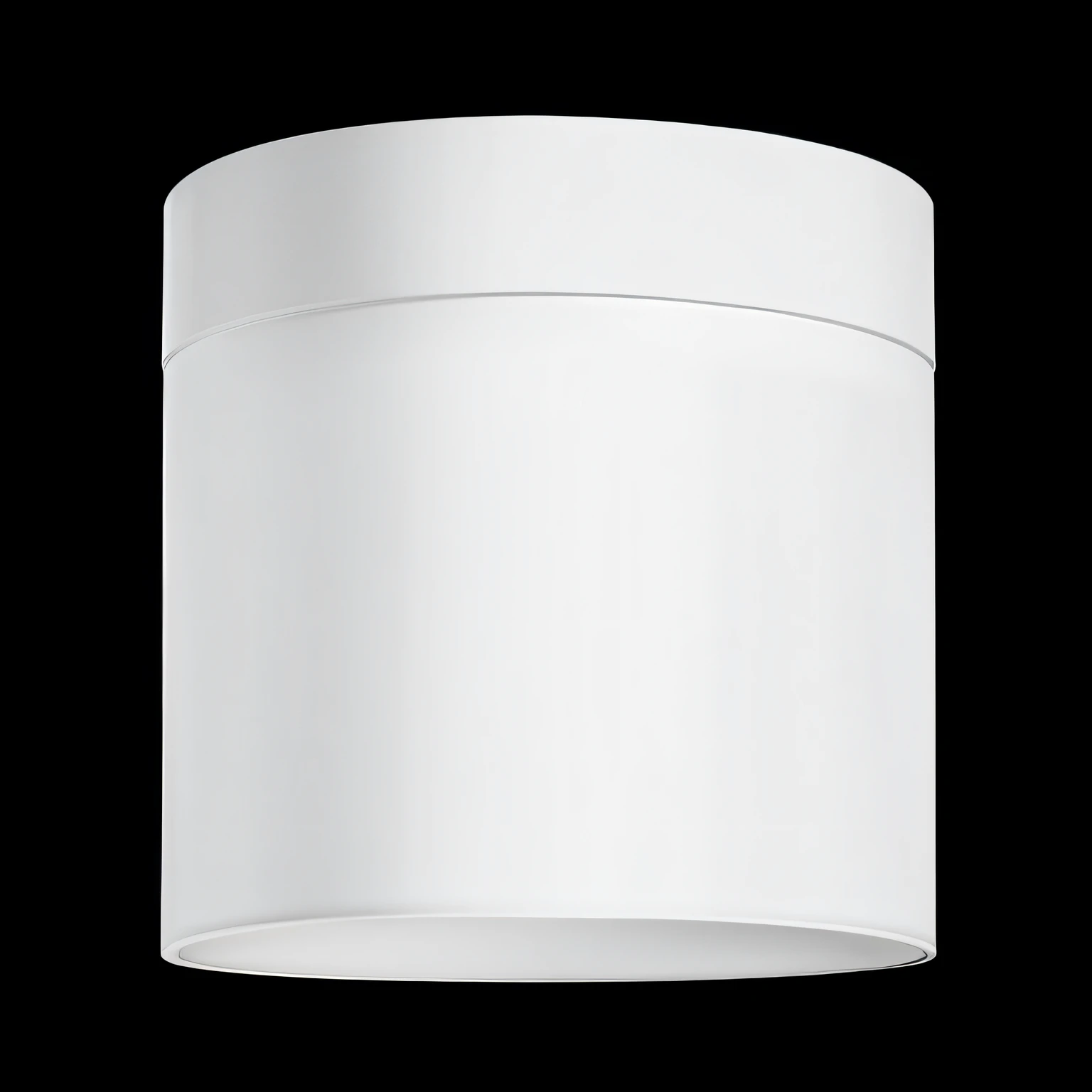 Close-up of white container on black background, large diffused light, Bright white, product photograph, ceilings, dynamic scene, round and back, O'Neill cylinder, oz series, soft spot light, detailed product image, high detail product photo, detailed product photo, ceiling fluorescent lamp, Smooth zenith lighting, in pastel shades