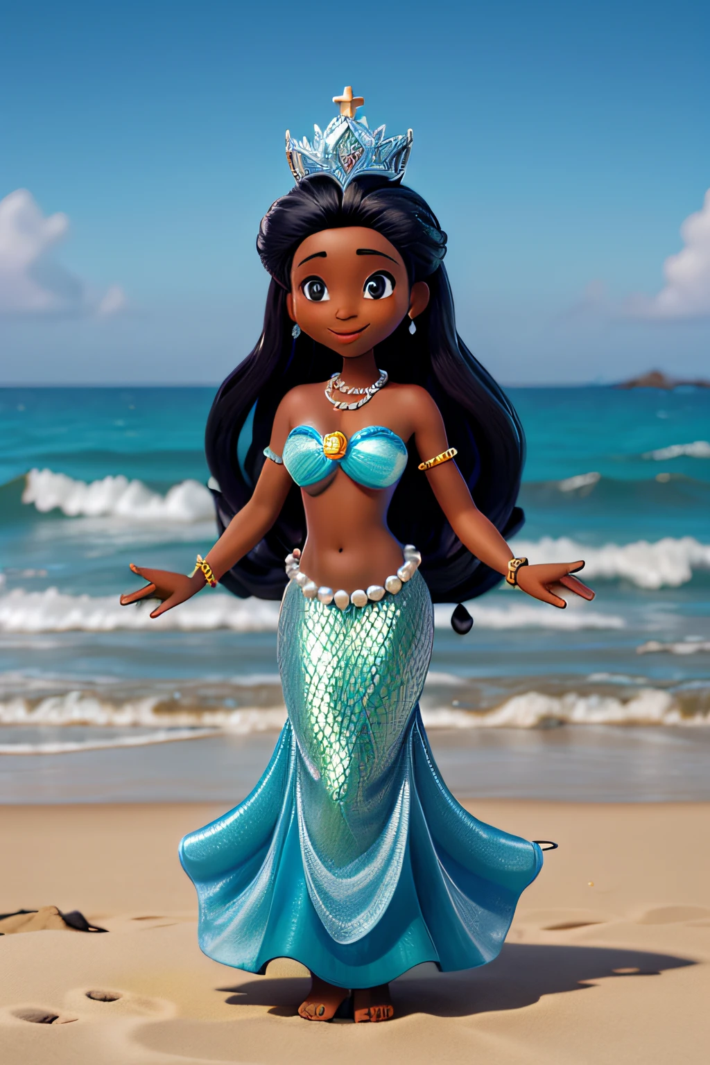 uma sereia africana de 30 anos, com longos cabelos pretos, com top de sereia azul e coroa, barefoot, wearing a pearl necklace, with open arms, holding a silver hand mirror, de frente para o mar