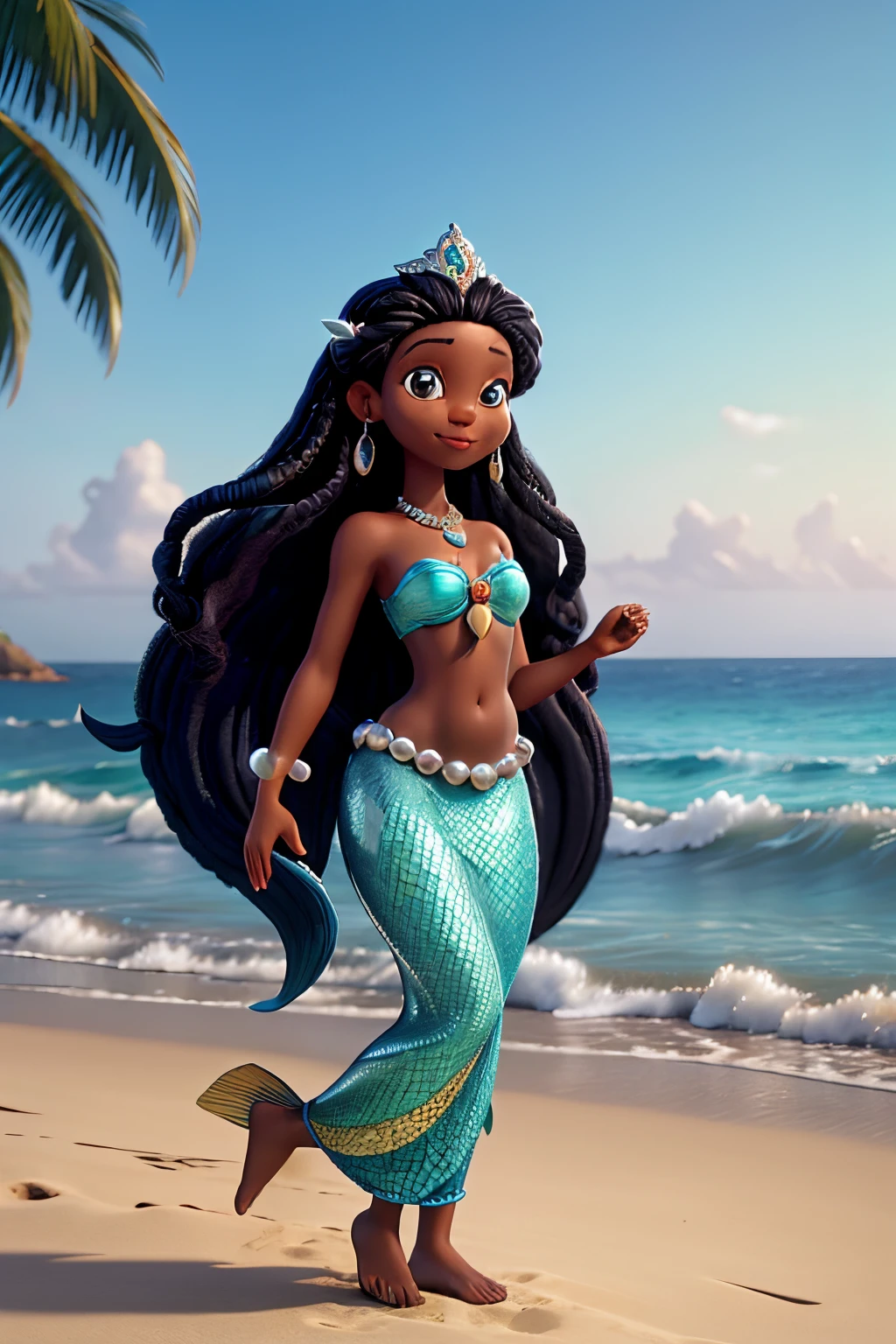 a 30 year old African mermaid, with long black hair, with a blue mermaid top and a crown, barefoot, wearing a pearl necklace, with open arms, holding a silver hand mirror, in front of the sea