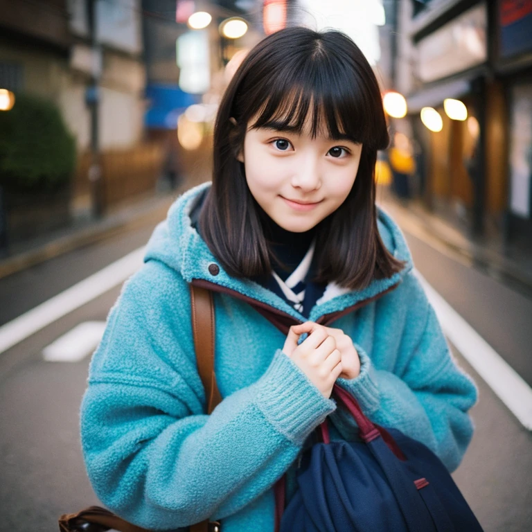 An ultra-high picture quality、Perfect Photo、16-year-old beautiful girl in Japan、wearing a navy blue duffel coat、early evening、Sobby expression、